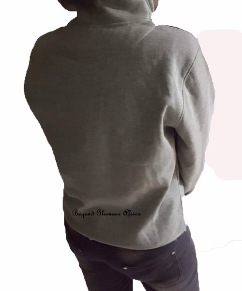 A grey printed hooded fleece very fashionable to have