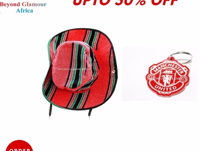 A multi colored sunhat and a red Manchester United keyholder combo