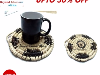A handwoven black and white coaster