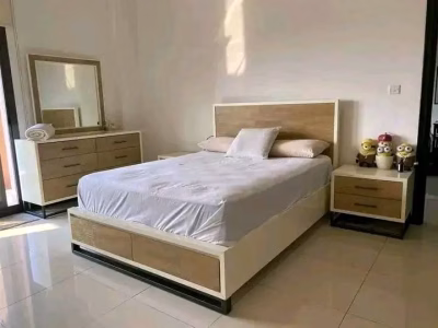 King size Bed, with mattress, dresser and side drawers.