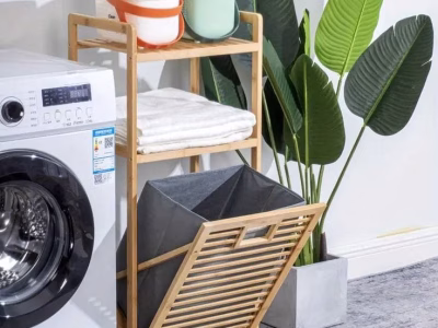 Laundry Hamper Bamboo Basket with removable Fabric liner shelf rack.