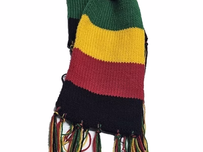 A multi colored knitted scarf very fashionable to have