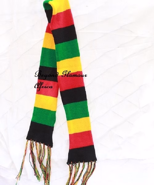 A multi colored knitted scarf very fashionable to have