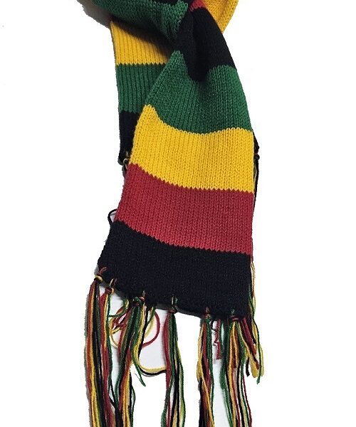 A multicolored knitted scarf and a yellow bracelet combo