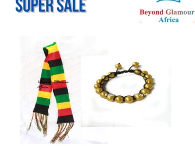 A multicolored knitted scarf and a yellow bracelet combo