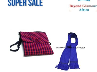 A blue knitted scarf and a blue pink sling bag combo very fashionable