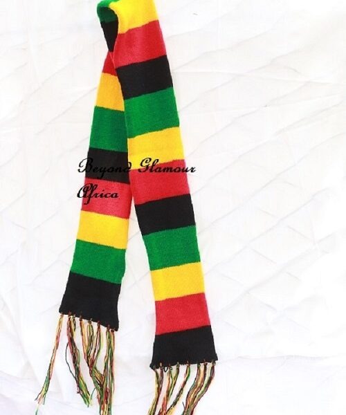 A multicolored knitted scarf and a yellow bracelet combo